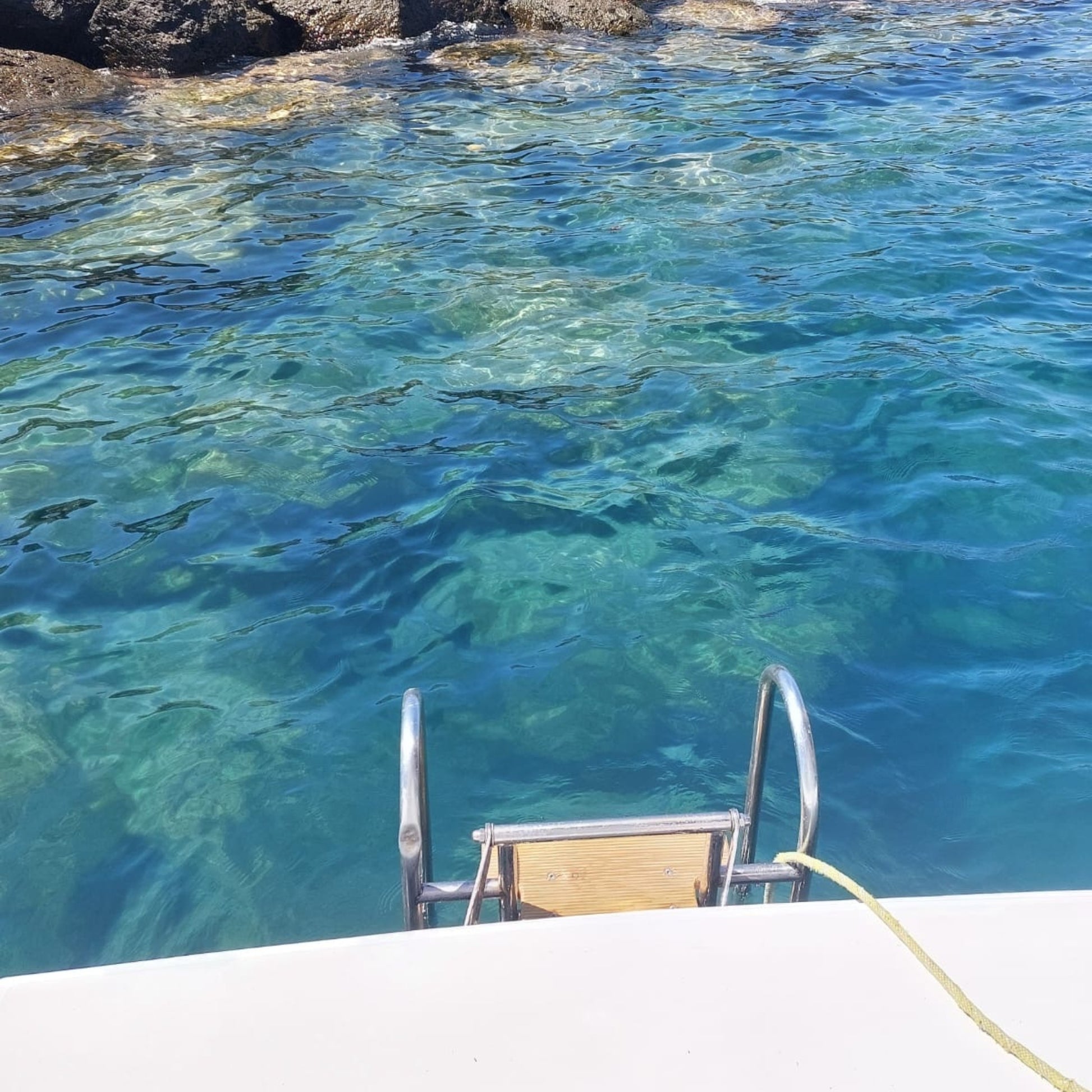stingray catamaran: metal ladder on a dock with clear blue water in the background