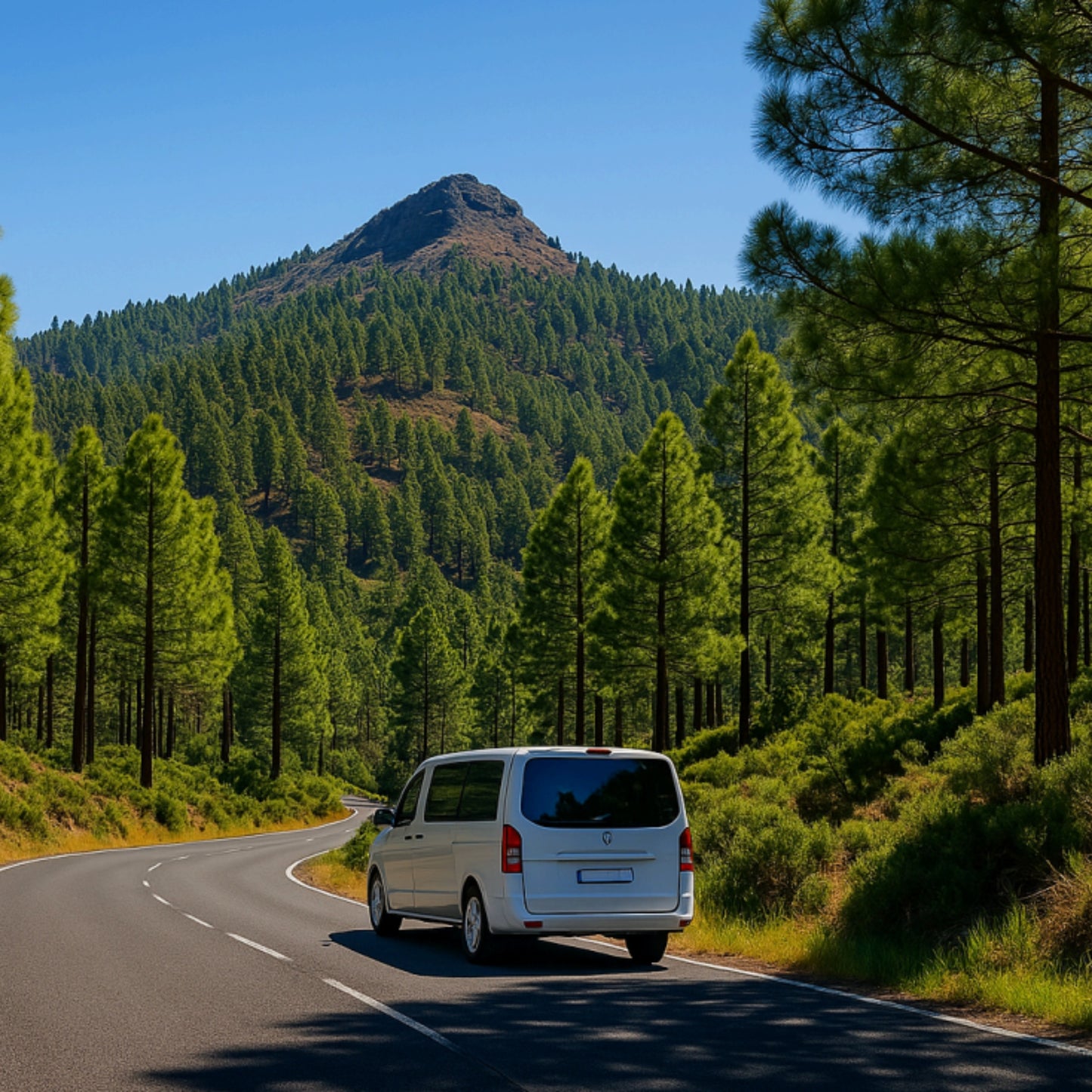 minivan driving on a road crossing a pine forest