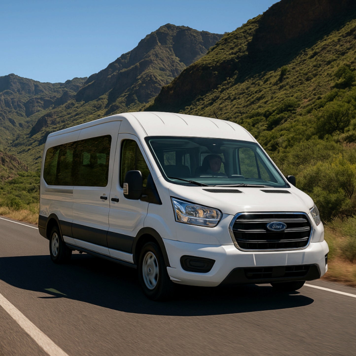 White Ford van on a mountain road
