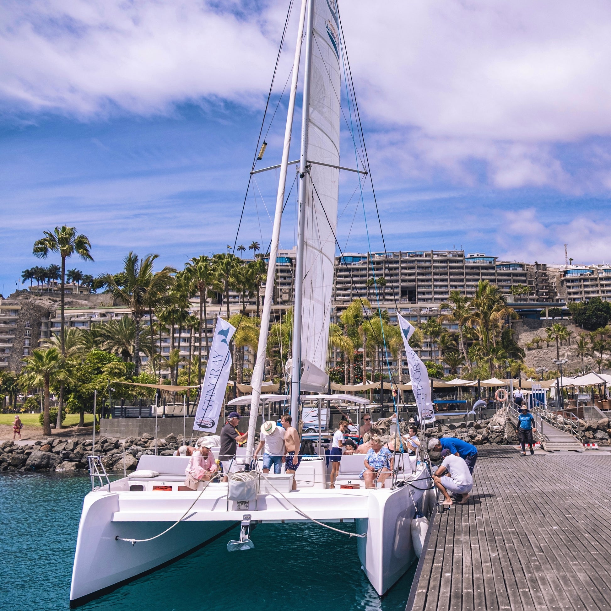 stingray catamaran docked at a marina with people around, palm trees, and buildings in the background.