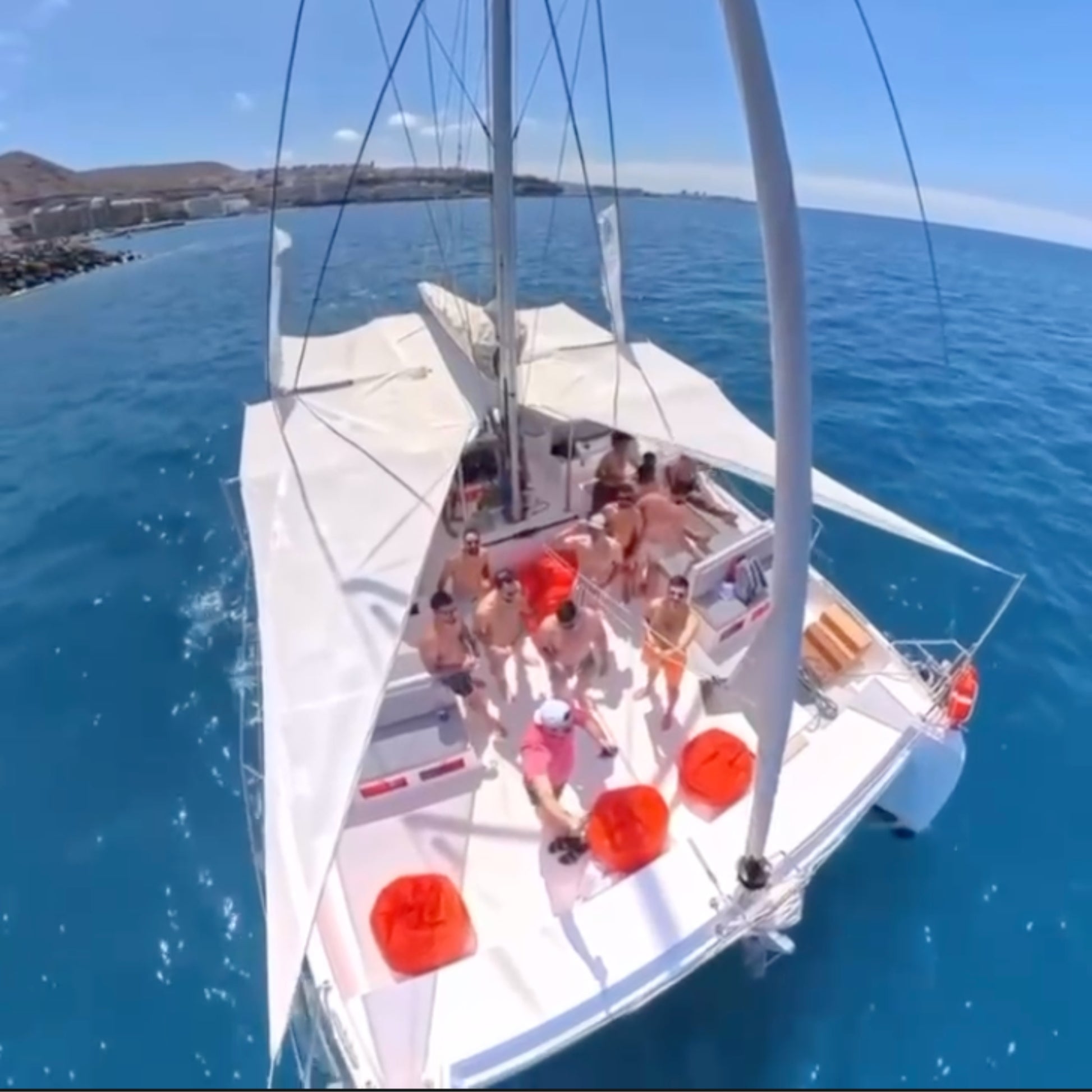 Group of people on the stingray catamaran gran canaria, in the open water