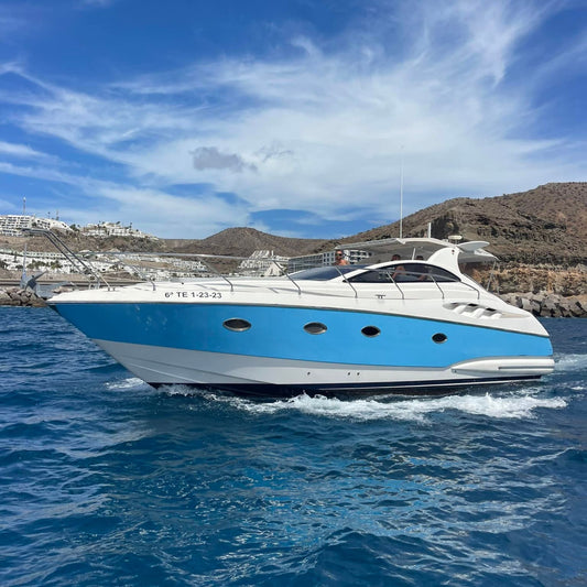 Blue and white yacht on the water with a scenic background