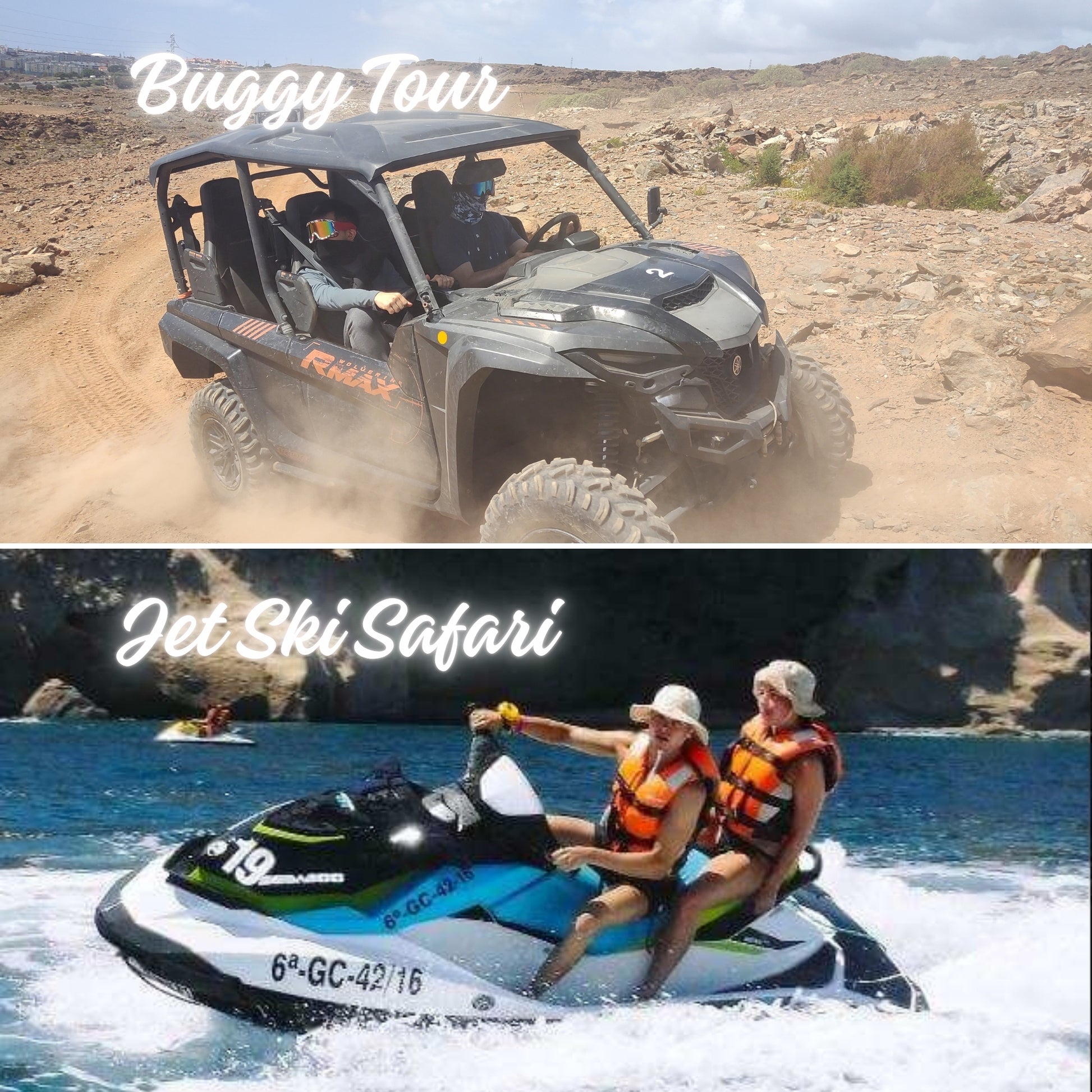 Top image of a buggy on a dirt road, bottom image of two people on a jet ski.