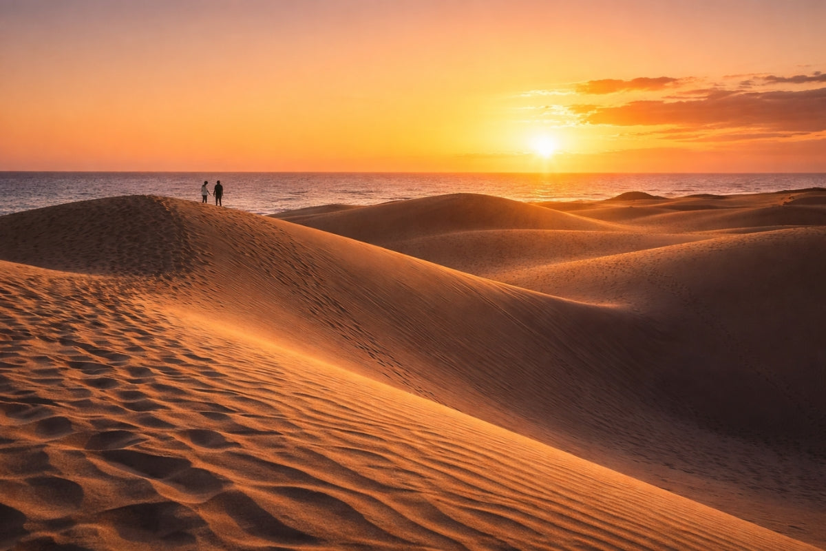 Rolling golden dunes of Maspalomas with footprints in the sand and the Atlantic Ocean in the background, Gran Canaria.