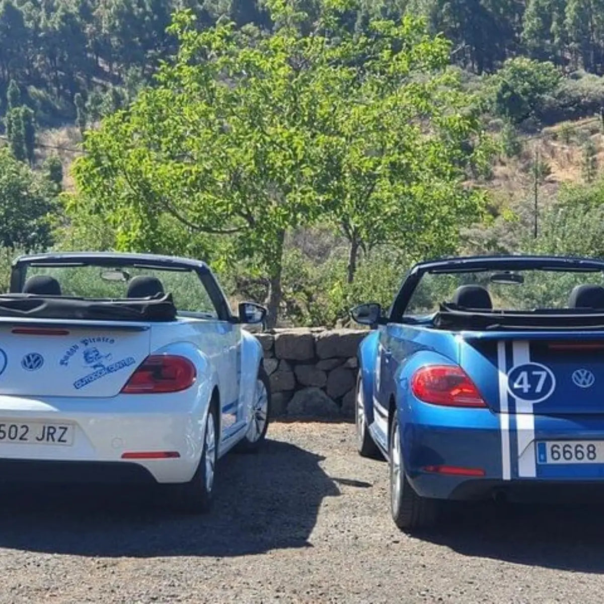 Two convertible cars parked on a gravel path with a natural landscape in the background.