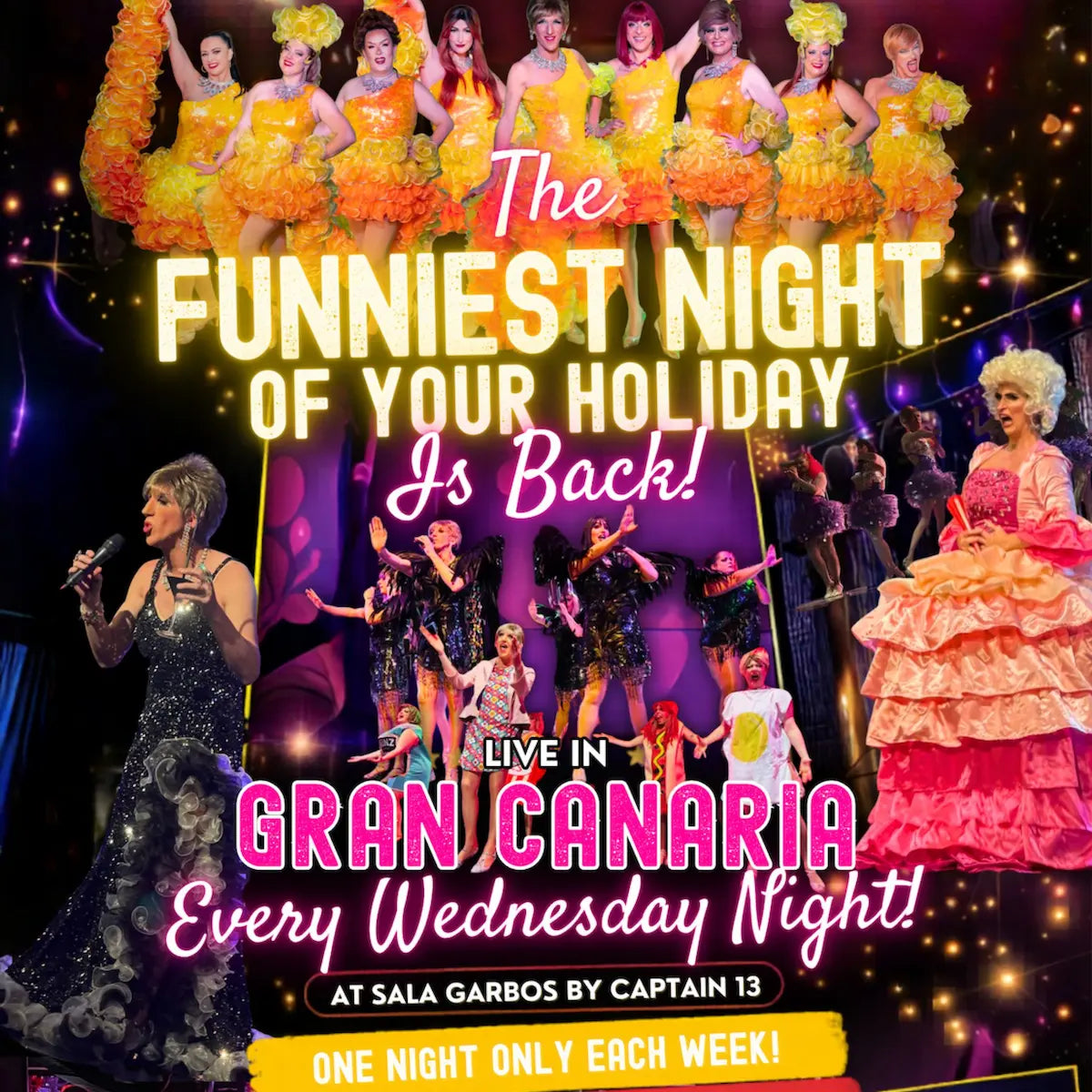 Promotional poster for a comedy event in Gran Canaria with performers in colorful outfits.