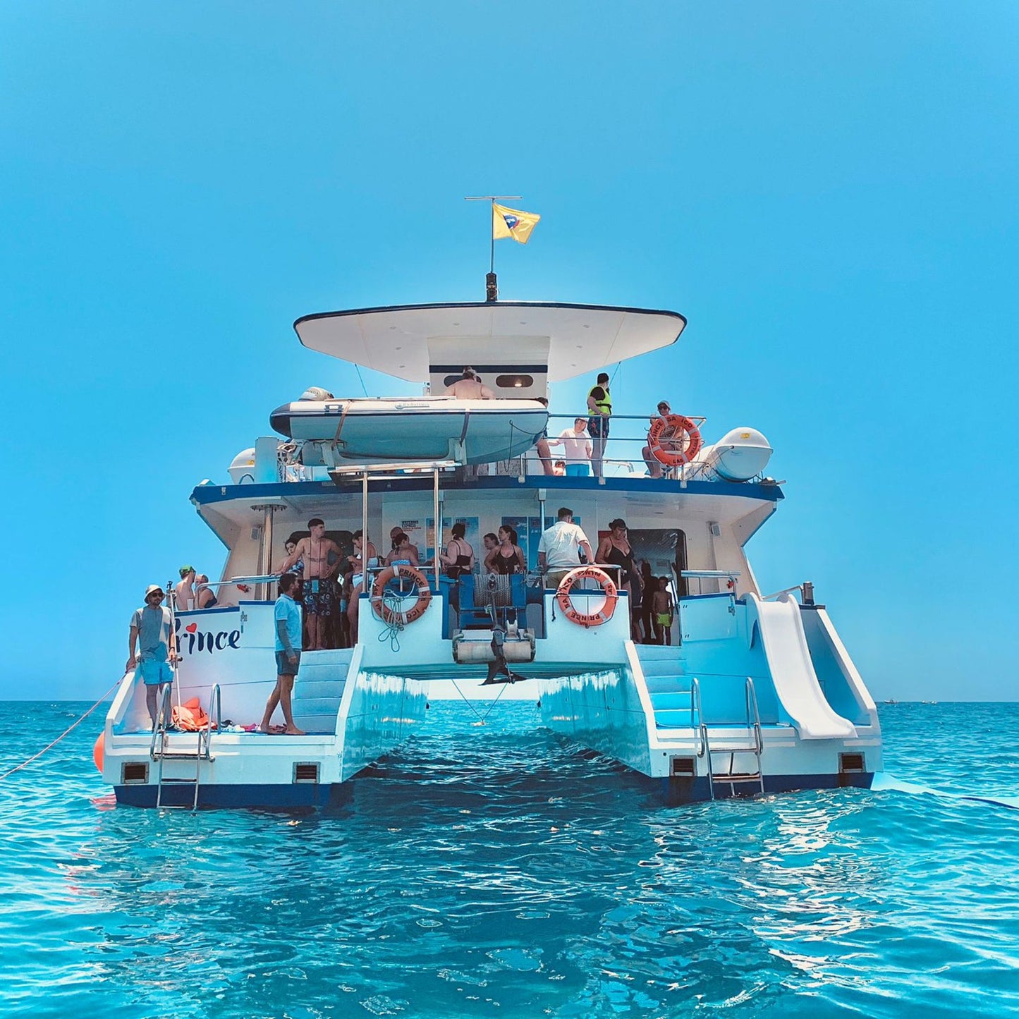 Princesa Ico All Inclusive Boat Trip Gran Canaria on a sunny day at sea with happy passengers enjoying the experience.