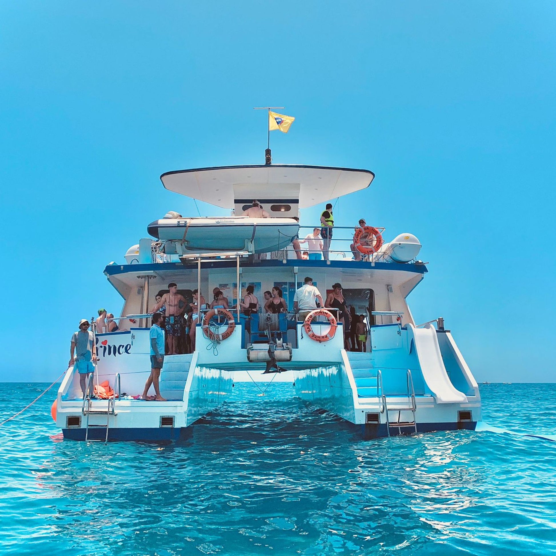 Princesa Ico All Inclusive Boat Trip Gran Canaria on a sunny day at sea with happy passengers enjoying the experience.