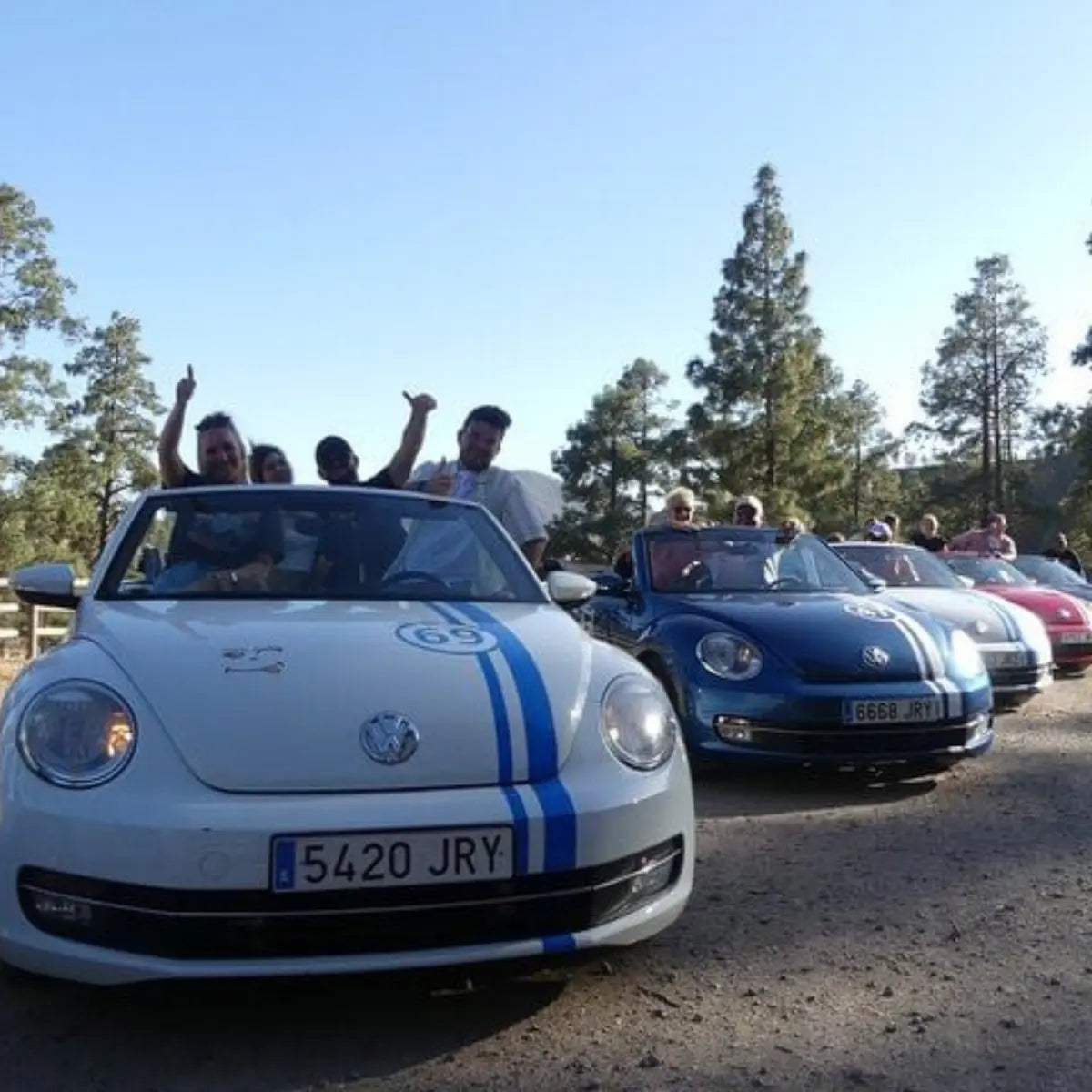 Two convertible cars with people in the background against a forested area