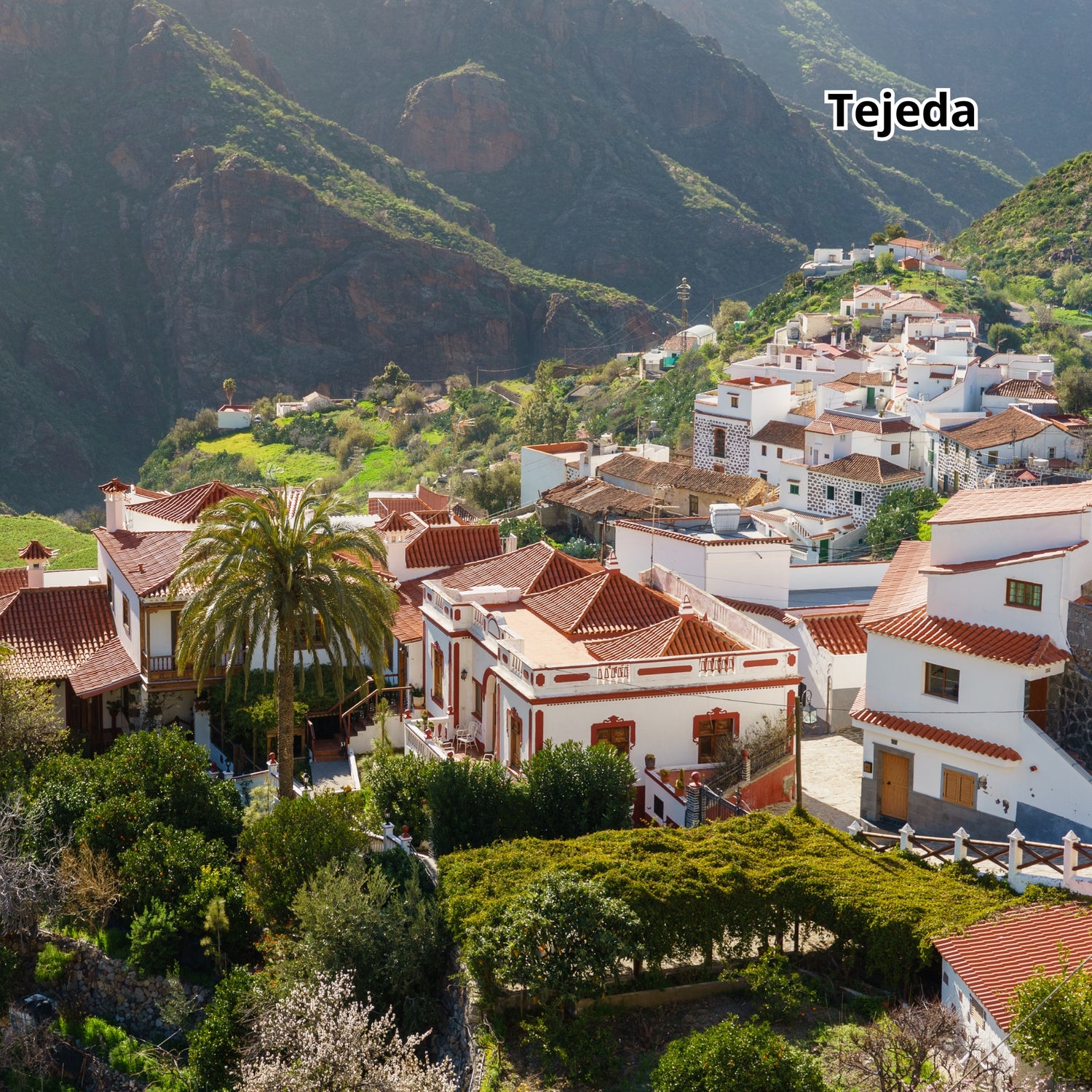 Village of Tejeda in Gran Canaria with white buildings and red roofs nestled in a mountainous area