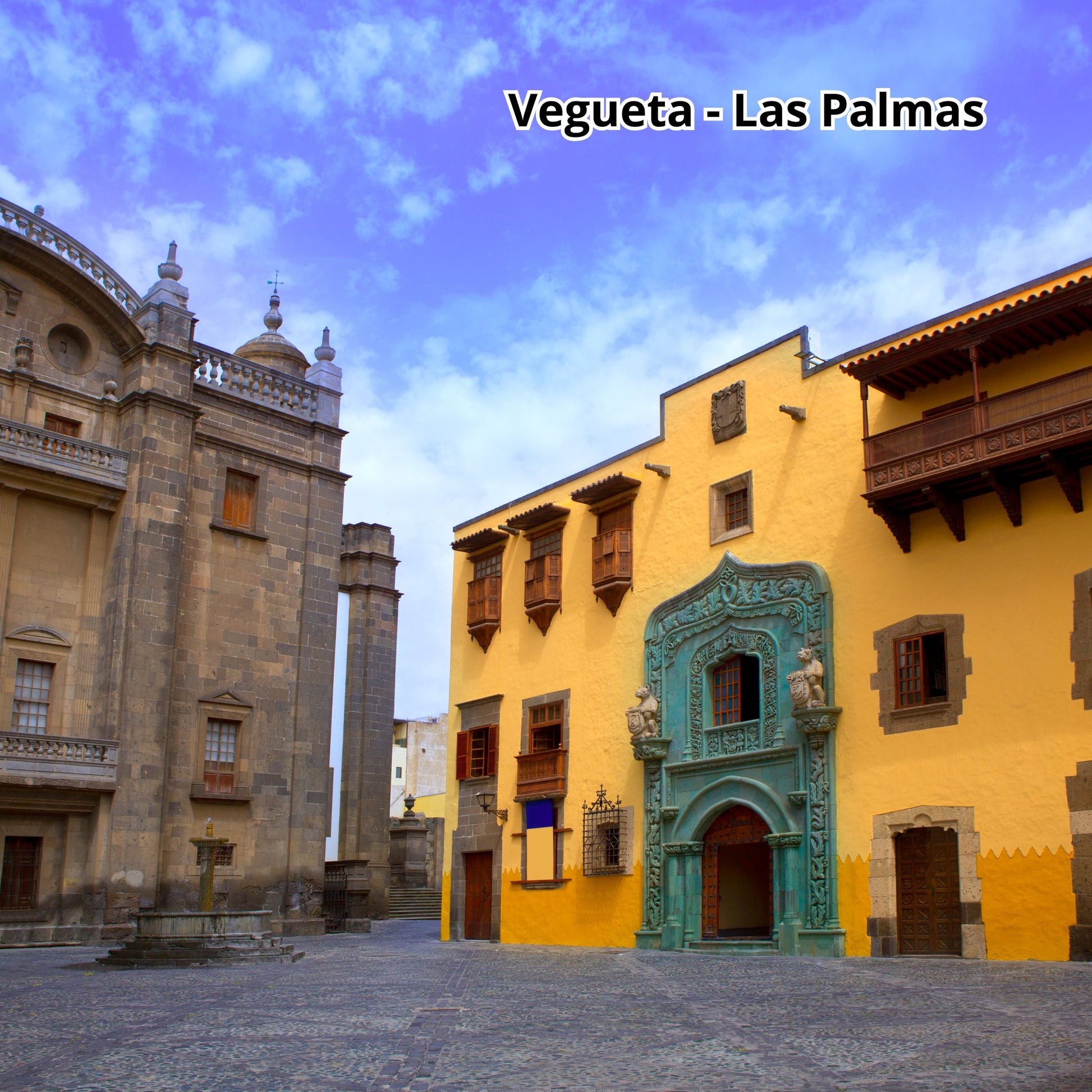 Historic buildings in Vegueta, Las Palmas with a clear blue sky.