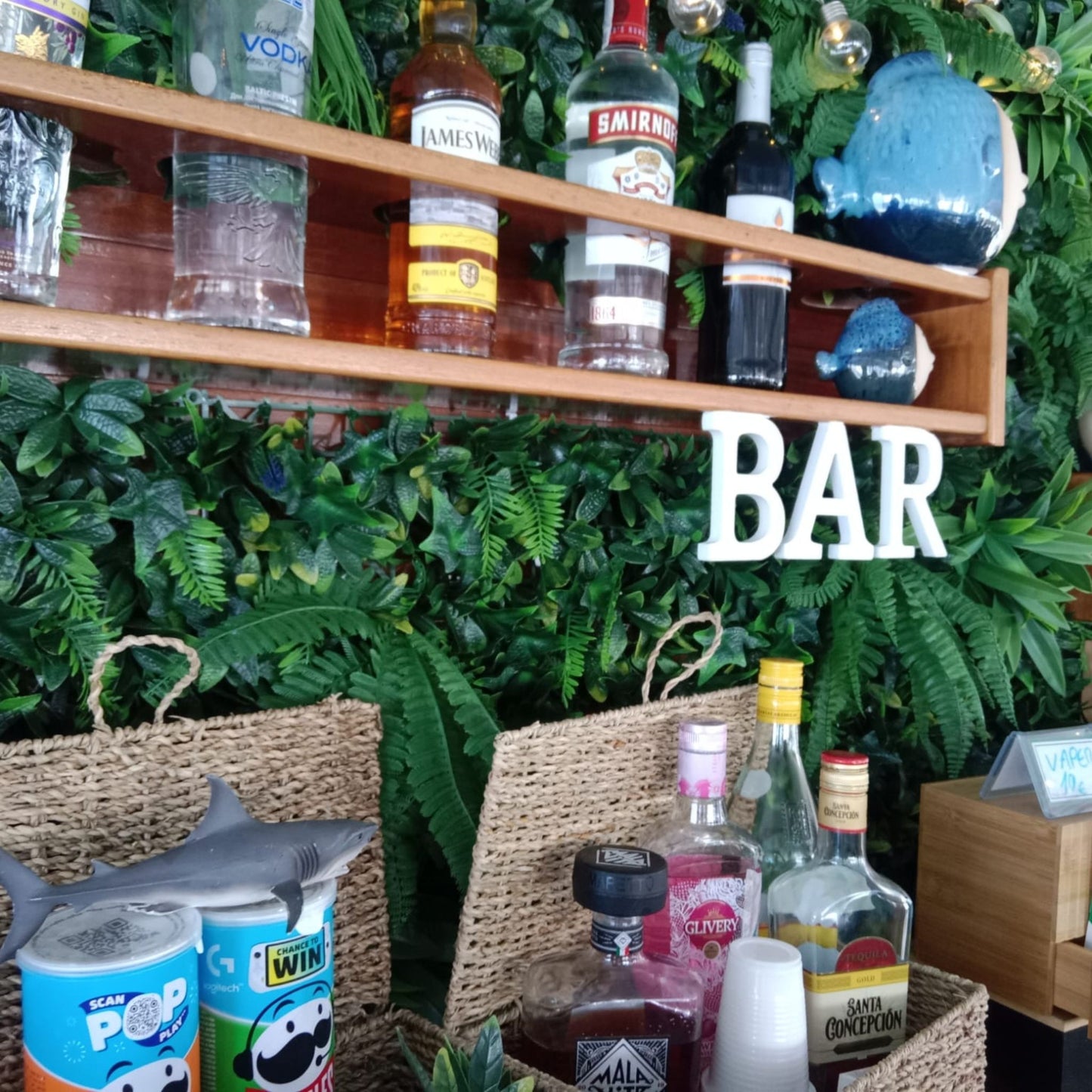 Princesa Ico All Inclusive Boat Trip Gran Canaria bar area with drinks on display and tropical foliage background.