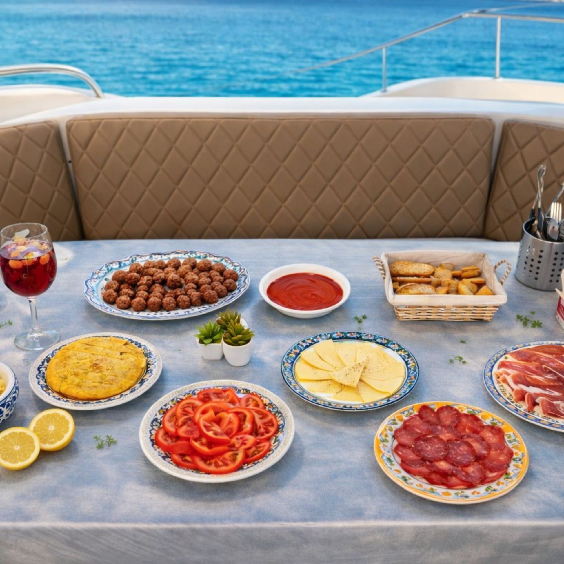 Table with various dishes on a boat with a scenic background