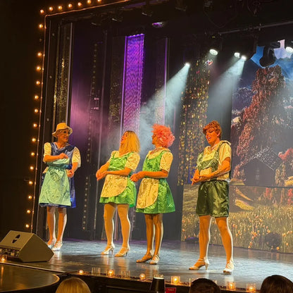 Four performers on stage with colorful outfits and a scenic backdrop