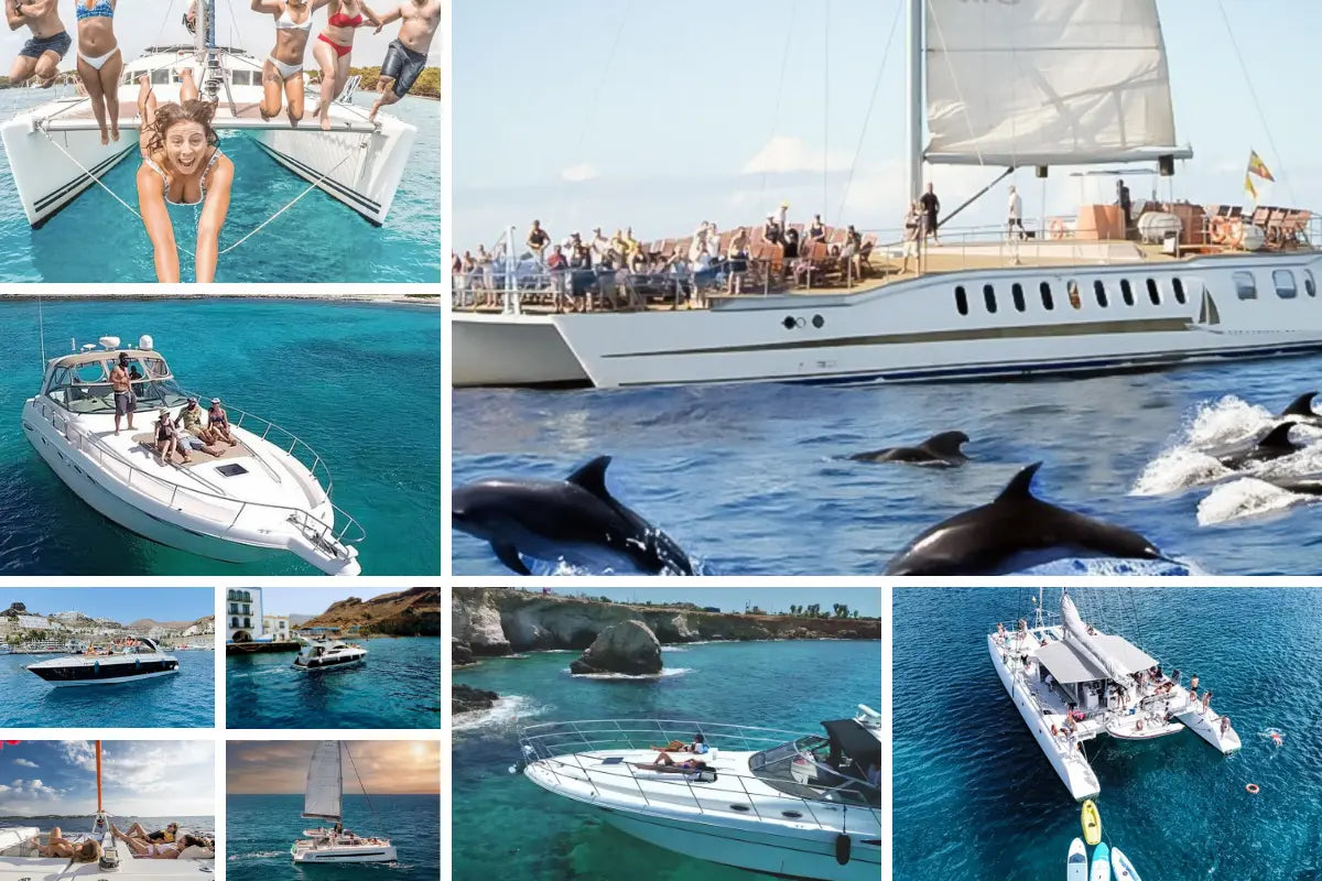 Collage of people on boats, including a large yacht and smaller vessels, with scenes of dolphins and scenic views.