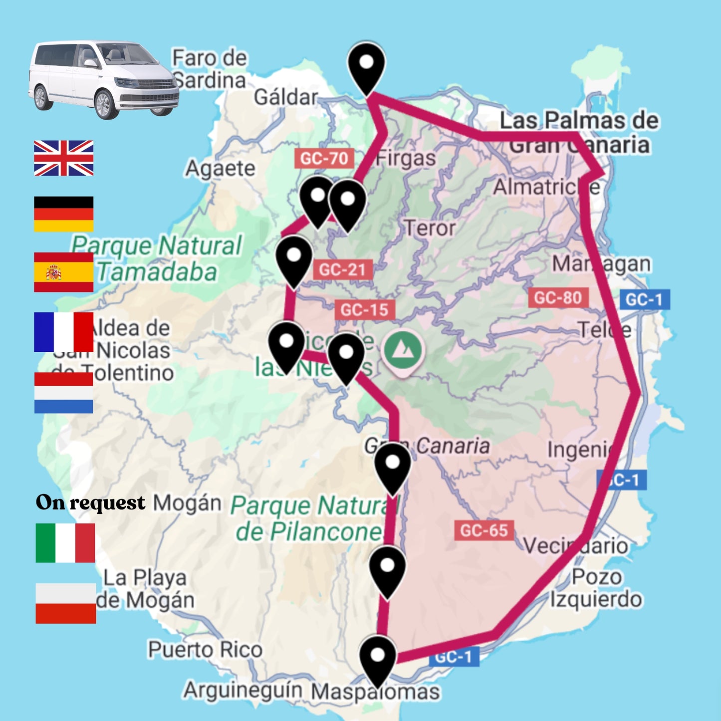 Map of Gran Canaria with marked routes and locations showing the itinerary of the Panorama Vip Tour