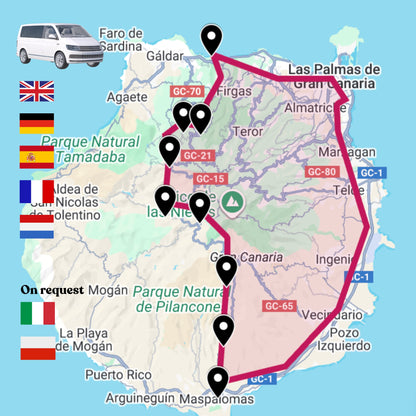 Map of Gran Canaria with marked routes and locations showing the itinerary of the Panorama Vip Tour