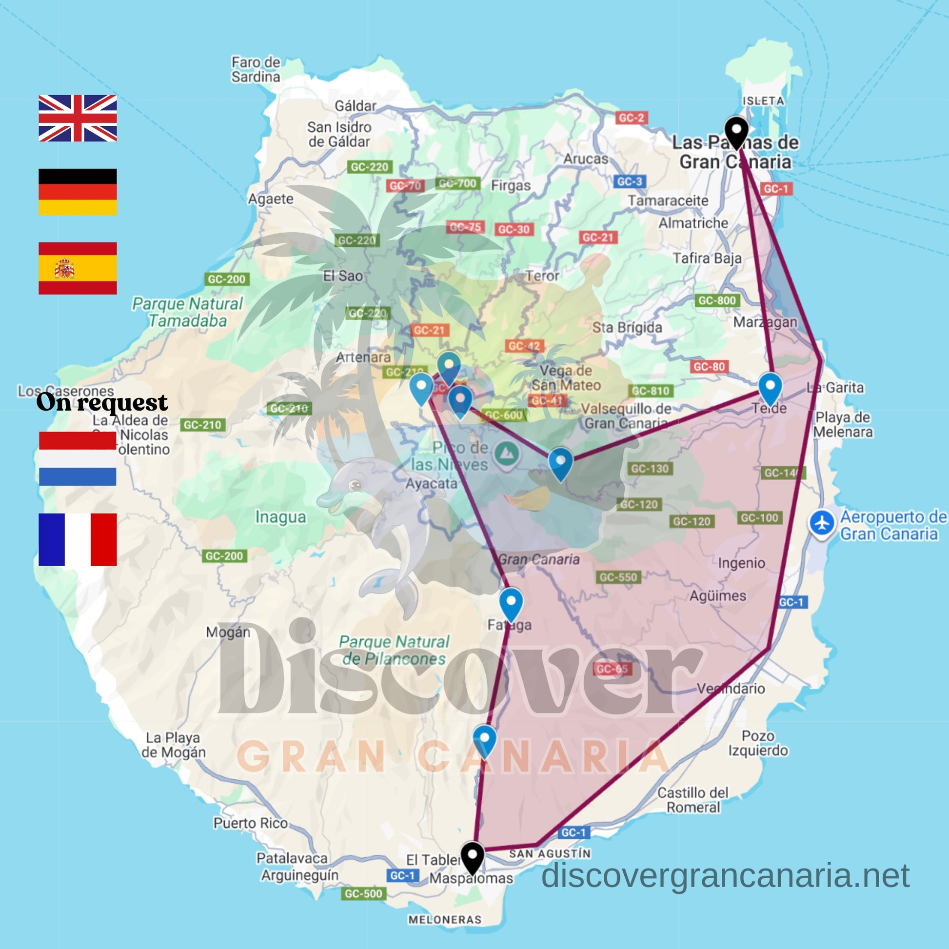 Map of Gran Canaria with travel routes and flags, featuring 'Discover Gran Canaria' branding.