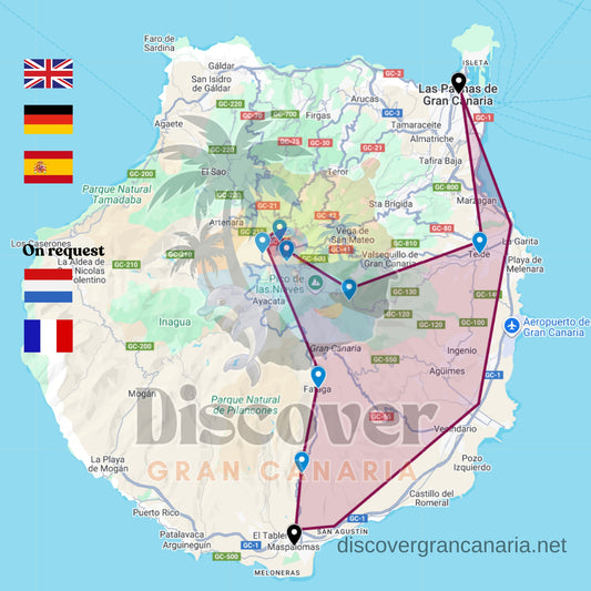 Map of Gran Canaria with travel routes and flags, featuring 'Discover Gran Canaria' branding.
