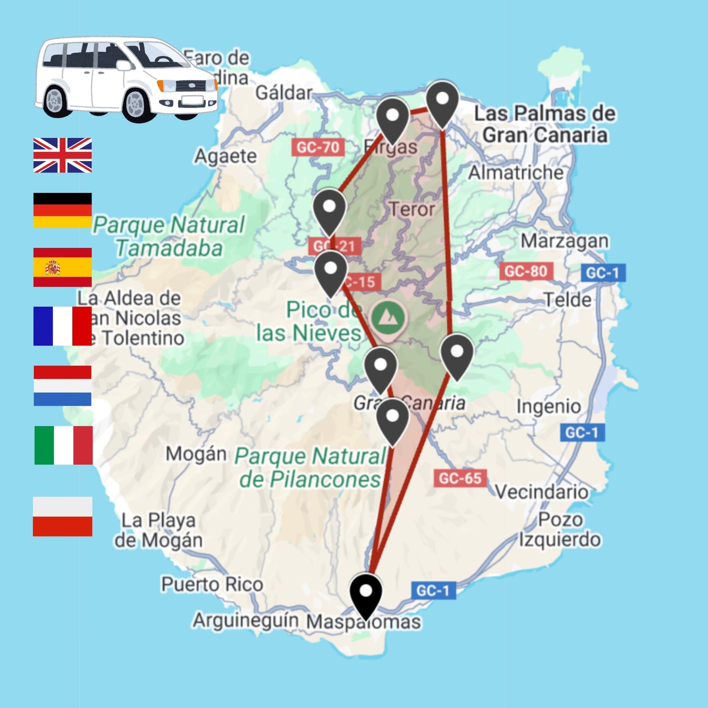 Map of Gran Canaria with itinerary of the sparkle tour marked and a van icon.