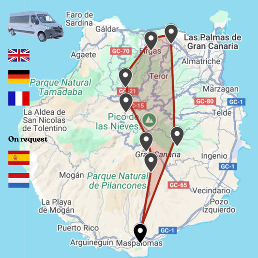 Map of Gran Canaria with travel route marked, showing the itinerary of day trips gran canaria, the sparkle tour.