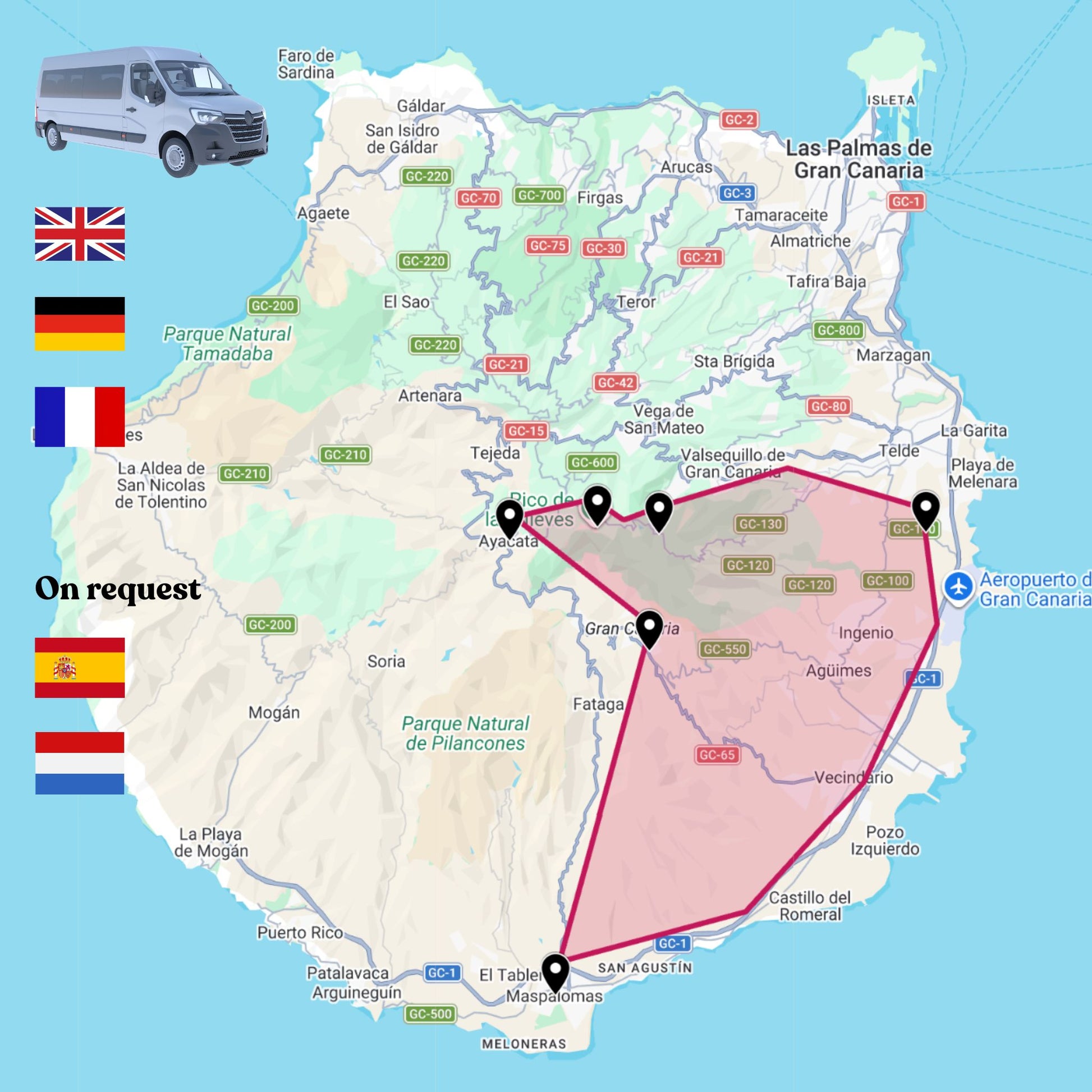 Highlights of Gran Canaria Tour: Map showing the itinerary stops scheduled for this tour.