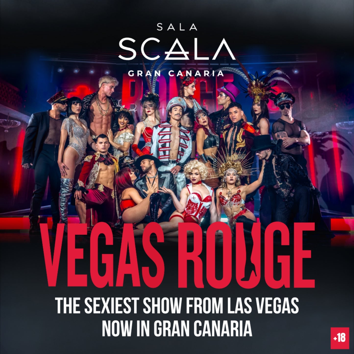 Promotional poster for 'Vegas Rouge' show featuring performers in a nightclub setting.