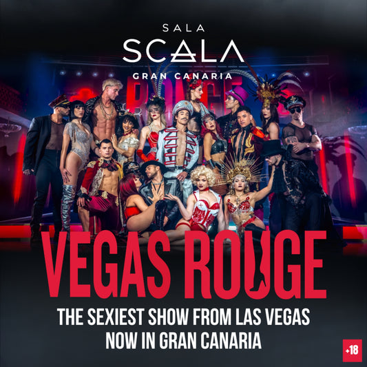Promotional poster for 'Vegas Rouge' show featuring performers in a nightclub setting.