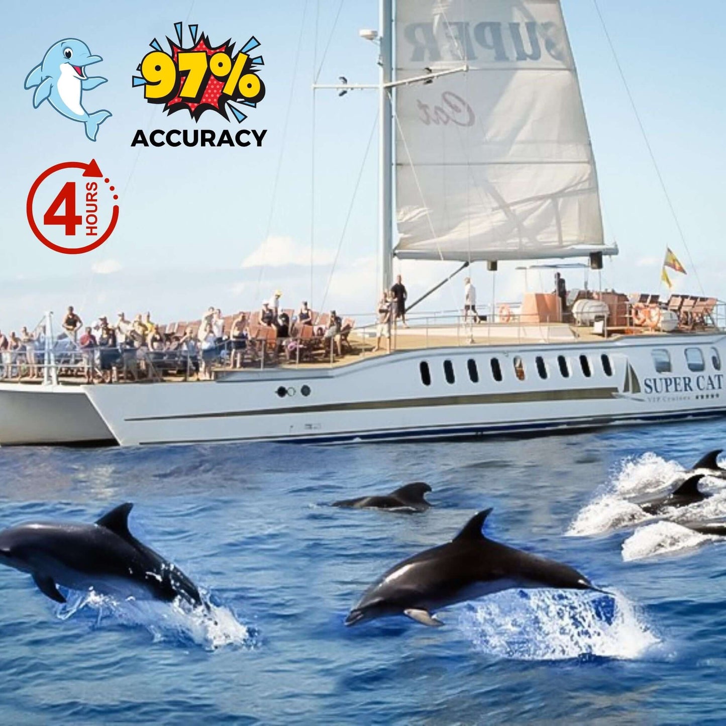 Dolphins swimming near the Supercat Gran Canaria with people on board, under a clear blue sky.