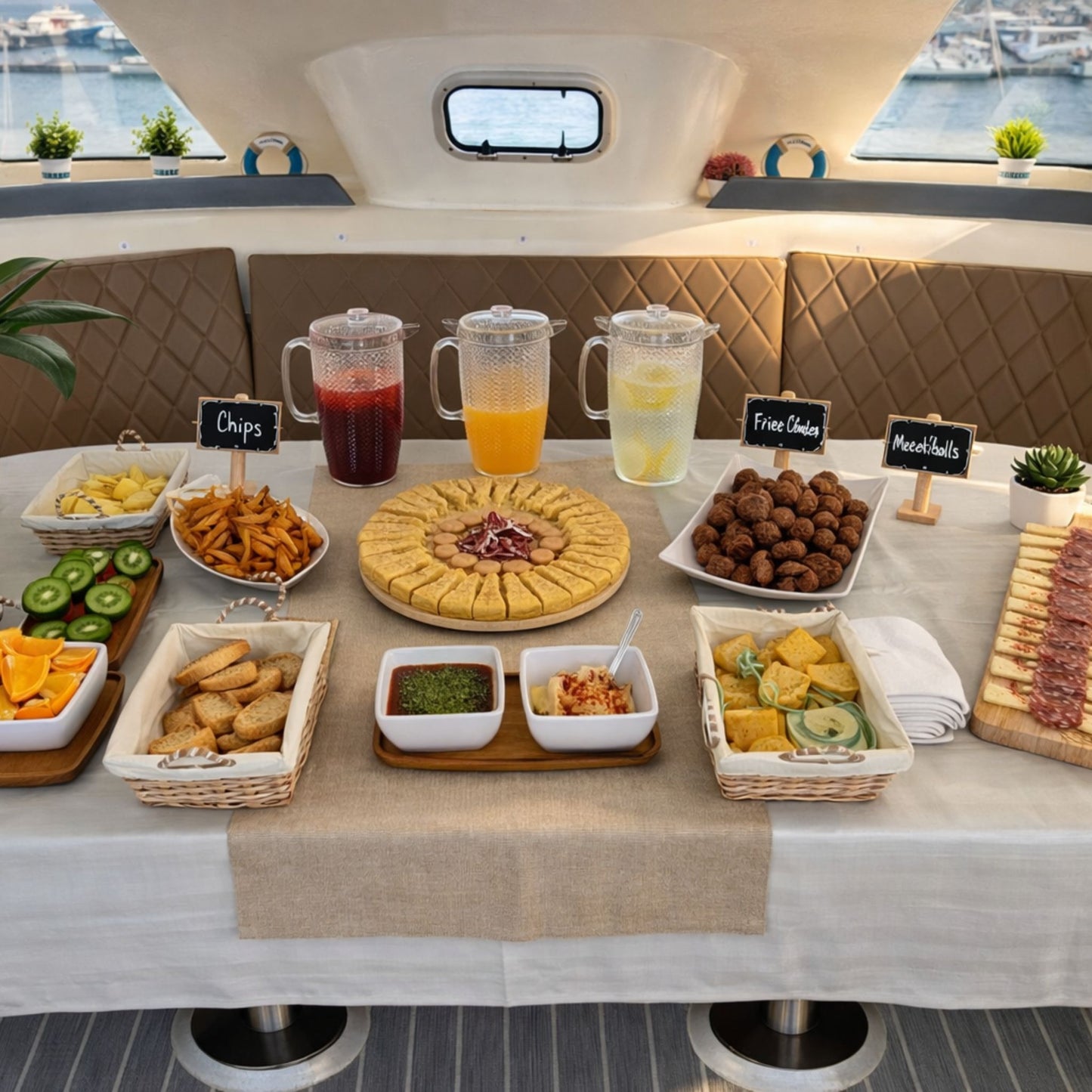 Table with various food items and drinks on a boat deck.