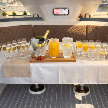 Table with drinks and snacks on a boat