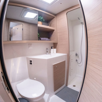 Bluefin catamaran: compact bathroom interior with a white toilet, white sink, wood-look cabinet panel, mirror, small shelf with a plant, and a shower stall on the right.